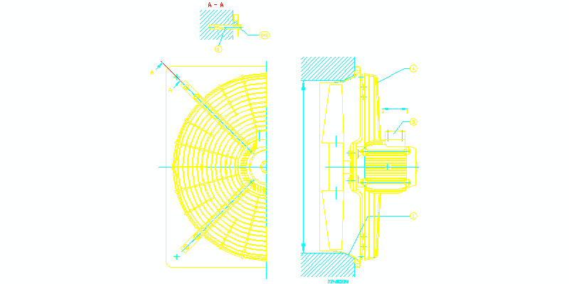 Elevação e seção transversal do extrator de ar